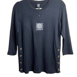 Bobeau Womens Black 3/4 Sleeve Side Button Detail Crew Neck Top Size XS New